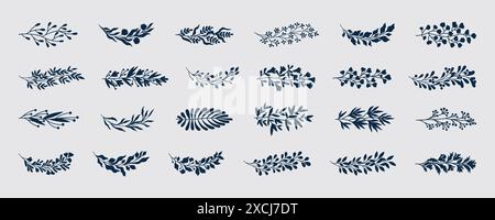 Icônes de feuilles. Branche d'usine. Brindilles silhouette noire d'eucalyptus. Branche d'arbre et fleurs de vigne pour logo. Tiges de laurier naturelles. Motif botanique. Feuillage de palmier et olivier. Ensemble de symboles plats floraux vectoriels Illustration de Vecteur