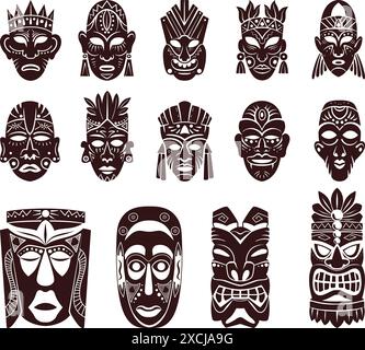 Masque rituel noir. Masques tribaux têtes d'idole tiki visage ornement tatouage motif, ancien logo de silhouette aborigène autochtone maya africain totem ethnique, illustration vectorielle ingénieuse de la culture ethnique Illustration de Vecteur