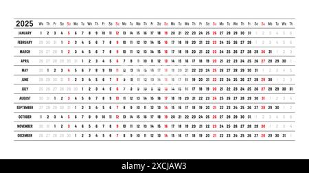 Calendrier mural de l'année 2025 avec dates alignées, en anglais. Chronologie d'une page, linéaire et horizontale Illustration de Vecteur