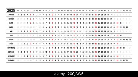 Calendrier mural de l'année 2025 avec dates alignées, en français. Chronologie d'une page, linéaire et horizontale, France Illustration de Vecteur