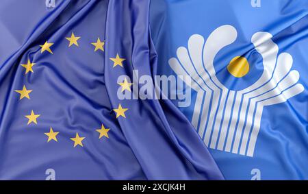 Drapeaux de l'Union européenne et de la Communauté des États indépendants en tissu de soie couchés les uns sur les autres. Rendu 3D. Banque D'Images