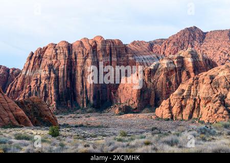 Les imposantes falaises de grès rouge Navajo du parc national de Snow Canyon. Les formations rocheuses à couper le souffle s'élèvent abruptement de la vallée herbeuse ci-dessous, Nevada Banque D'Images