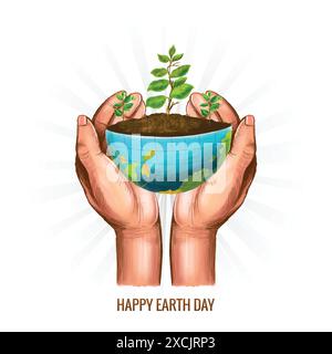 Main tenant l'arbre avec le concept de demi-globe Happy Earth Day fond Illustration de Vecteur