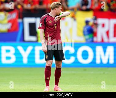 Francfort, Allemagne. 17 juin 2024, Hesse, Francfort-sur-le-main : Football, UEFA Euro 2024, Championnat d'Europe, Belgique - Slovaquie, Tour préliminaire, Groupe E, Journée 1, Frankfurt Arena, le belge Kevin de Bruyne réagit après l'objectif de la Slovaquie de faire 1-0. Photo : Uwe Anspach/dpa crédit : dpa Picture alliance/Alamy Live News crédit : dpa Picture alliance/Alamy Live News Banque D'Images