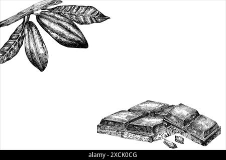 cadre avec illustration vectorielle graphique de fruits de cacao et de chocolat, croquis dessiné à la main de légumes, feuilles. Dessin botanique de fruits tropicaux Illustration de Vecteur