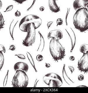 Champignons forestiers comestibles boletus, feuilles, bleuets et aiguilles de pin. Illustration graphique, dessinée à la main à l'encre brune, dessin au trait monochrome. Sans couture Illustration de Vecteur