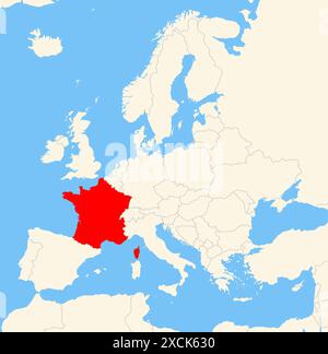 Carte de localisation montrant l'emplacement du pays France en Europe. Le pays est mis en évidence par un polygone rouge. Les petits pays sont également marqués avec Banque D'Images