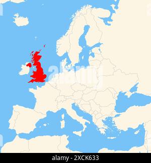 Carte de localisation montrant l'emplacement du pays Royaume-Uni en Europe. Le pays est mis en évidence par un polygone rouge. Les petits pays sont également marqués Banque D'Images