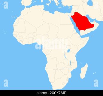 Localisateur carte montrant l'emplacement du pays Arabie Saoudite en Afrique. Le pays est mis en évidence par un polygone rouge. Les petits pays sont également marqués Banque D'Images