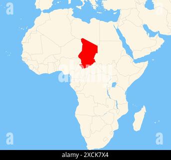 Localisateur carte montrant l'emplacement du pays Tchad en Afrique. Le pays est mis en évidence par un polygone rouge. Les petits pays sont également marqués d'un Banque D'Images