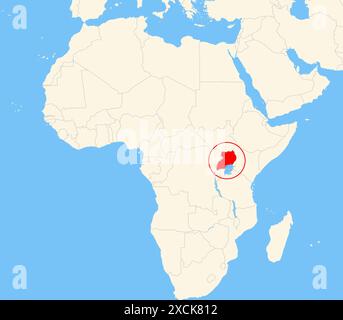 Localisateur carte montrant l'emplacement du pays Ouganda en Afrique. Le pays est mis en évidence par un polygone rouge. Les petits pays sont également marqués avec Banque D'Images