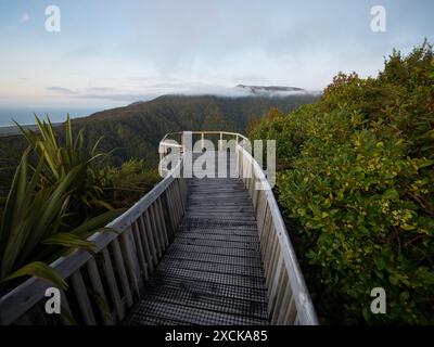 Sentier pittoresque en bois menant au point de vue surplombant la végétation luxuriante de la forêt luxuriante de Papahaua Ranges, Denniston incline Buller District West Banque D'Images