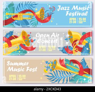 Festival de musique de jazz, concert en plein air, bannières publicitaires de fest d'été Illustration de Vecteur