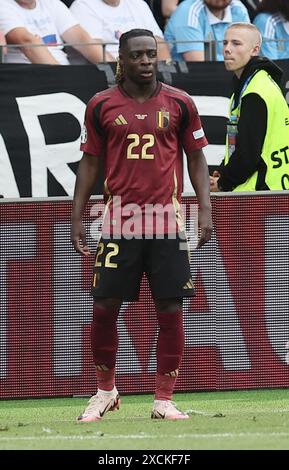 Francfort, Allemagne. 17 juin 2024. Le belge Jeremy Doku réagit lors d'un match de football entre l'équipe nationale belge de football Red Devils et la Slovaquie, lundi 17 juin 2024 à Francfort-sur-le-main, Allemagne, premier match de la phase de groupes des championnats d'Europe UEFA Euro 2024. BELGA PHOTO BRUNO FAHY crédit : Belga News Agency/Alamy Live News Banque D'Images