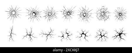 Fissures au sol, ruptures à la surface du sol. Texture Set trou de balle dans le verre. Verre brisé. Vitre fissurée Illustration de Vecteur