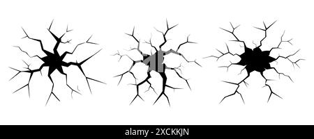 Fissures au sol, ruptures à la surface du sol. Vecteur ensemble réaliste de fissure dans le sol, crevasses de catastrophe ou de sécheresse, fractures noires vue de dessus. Illustration de Vecteur