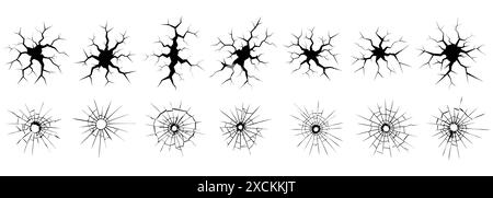 Fissures au sol, ruptures à la surface du sol. Texture Set trou de balle dans le verre. Verre brisé. Vitre fissurée Illustration de Vecteur