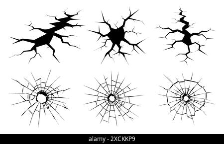 Fissures au sol, ruptures à la surface du sol. Texture Set trou de balle dans le verre. Verre brisé. Vitre fissurée Illustration de Vecteur