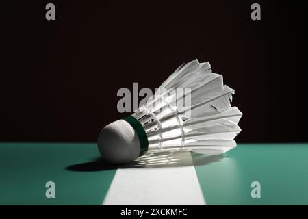 Volant de badminton de plume sur la table verte sur fond sombre Banque D'Images