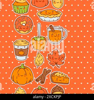 Motif kawaii d'automne. Joyeux Thanksgiving et Halloween symboles mignons traditionnels. Illustration de Vecteur