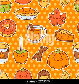 Motif kawaii d'automne. Joyeux Thanksgiving et Halloween symboles mignons traditionnels. Illustration de Vecteur