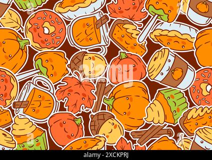 Motif kawaii d'automne. Joyeux Thanksgiving et Halloween symboles mignons traditionnels. Illustration de Vecteur