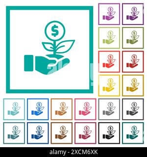 Icônes de couleur plate d'investissement dollar avec des cadres de quadrant sur fond blanc Illustration de Vecteur