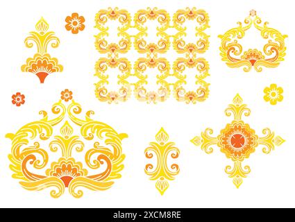 Ensemble vectoriel d'ornements décoratifs isolés avec des motifs floraux. Silhouettes, bordures couleur illustration. Éléments pour cartes postales, impression, lin, gravi Illustration de Vecteur