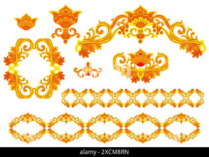 Ensemble vectoriel d'ornements décoratifs isolés avec des motifs floraux. Silhouettes, bordures couleur illustration. Éléments pour cartes postales, impression, lin, gravi Illustration de Vecteur