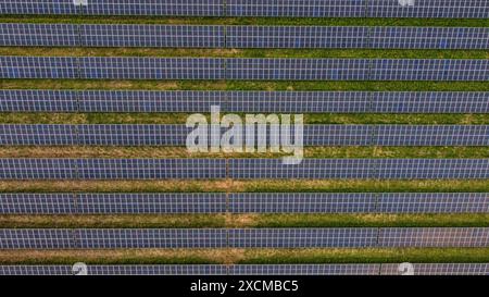 Vue aérienne de panneaux solaires en rangées sur un champ. Banque D'Images
