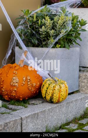 Halloween décoré café extérieur ou terrasse de restaurant en Amérique ou en Europe avec des citrouilles attributs traditionnels d'Halloween. Décoration de la cour pour la fête. Banque D'Images
