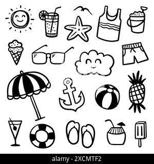 Thème estival dessiné à la main. Mince ligne noire abstraite doodle Beach outils de vacances dans la collection multiple dans l'illustration vectorielle Illustration de Vecteur