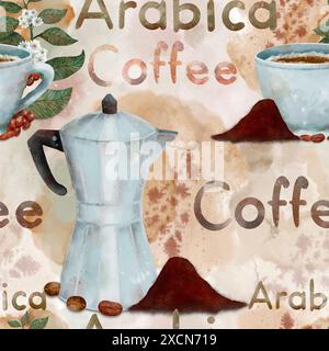 Modèle sans couture avec thème de café Arabica avec pot de moka, grains de café et tasses pour des conceptions créatives. Art numérique dans le style aquarelle, sur fond blanc, pour l'impression sur tissu et papier. Banque D'Images