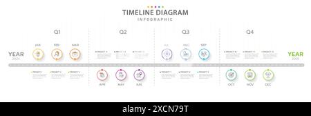 Modèle d'infographie pour les entreprises. Calendrier des diagrammes de la chronologie moderne de 12 mois, infographie des vecteurs de présentation. Illustration de Vecteur