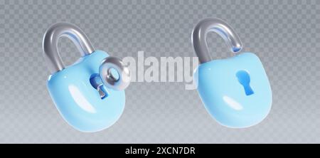 Cadenas bleus fixés isolés sur fond transparent. Illustration réaliste vectorielle de maquette de serrure 3D verrouillée et déverrouillée avec clé dans le trou de serrure, symbole de sécurité des données, signe de mot de passe de confidentialité, pare-feu Illustration de Vecteur