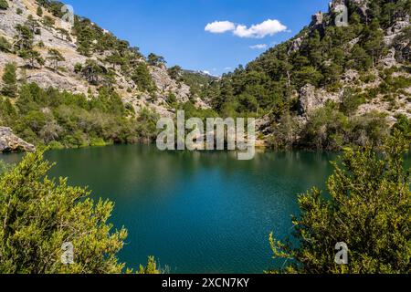 Naissance de la rivière Borosa, réservoir d'Aguas Negras, route de la rivière Borosa, parc naturel sierras de Cazorla, Segura et Las Villas, Jaen, Andalou Banque D'Images