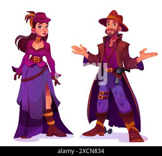 Personnages masculins et féminins de style occidental en vêtements traditionnels indigènes. Ensemble d'illustration vectorielle de dessin animé de femme sauvage indigène mignonne drôle de l'ouest en robe et chapeau, et homme en bottes, long manteau avec arme à feu. Illustration de Vecteur