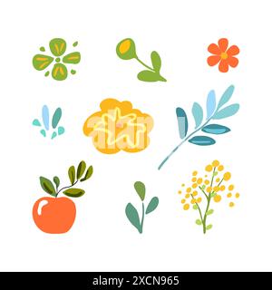 ensemble composé de branches minimalistes isolées, de fleurs et de feuilles délicates. Parfait pour l'impression, la décoration, l'impression d'affiches et la décoration intérieure. Illustration de Vecteur