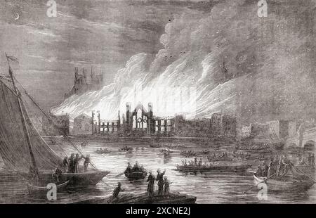 Le palais de Westminster, le palais royal médiéval utilisé comme maison du parlement britannique, en grande partie détruit par un incendie, le 16 octobre 1834. Le feu, qui a fait rage la majeure partie de la nuit, détruit une grande partie du palais, ainsi que la chapelle Saint-Étienne convertie, le lieu de réunion de la Chambre des communes, la Chambre des lords, la Chambre peinte et les résidences officielles du président et du greffier de la Chambre des communes. Extrait de Cassell's Illustrated History of England. Banque D'Images