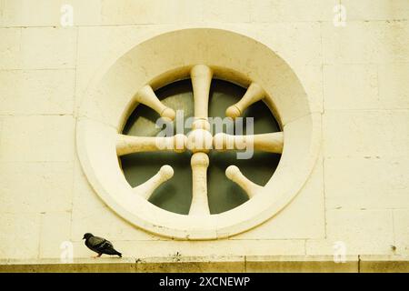 Un pigeon est perché sur un rebord à côté d'une fenêtre avec un design rond. La fenêtre est en pierre et a une forme circulaire Banque D'Images