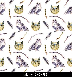 Motif aquarelle sans couture avec hiboux. Hiboux des neiges, oiseaux, animaux sauvages et plantes. Imprimer pour la conception de produits pour enfants, textiles, emballage Banque D'Images