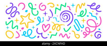 Lignes squiggly colorées, squiggles abstraits dans un style doodle enfantin. Couleur main dessinée diverses formes, traits, tourbillon. Forme libre définie sur fond blanc. Dessin à la mode pour la fête des enfants. Illustration de Vecteur