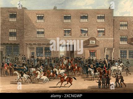 St Albans Grand Steeple Chase am 8 März, 1832, ein berühmtes Pferderennen über Geländestrecken in England von 1830 bis 1839, Startvorbereitung, Histor Banque D'Images