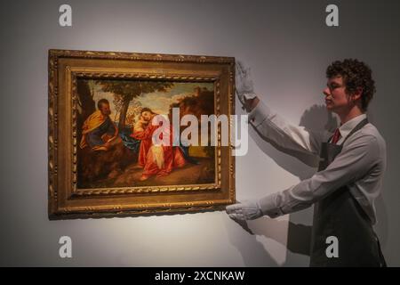 Londres, Royaume-Uni. 18 juin 2024. Le premier chef-d'œuvre de Titien Rest on the Flight into Egypt Century (estimation : £15 000 000 - 25,000,000) sera en vedette des anciens maîtres de Christie le 2 juillet 2024, ayant appartenu aux ducs, archiducs et empereurs romains, il a été pillé par Napoléon et volé à la fin du 20ème siècle. Credit : Amer Ghazzal/Alamy Live News Banque D'Images