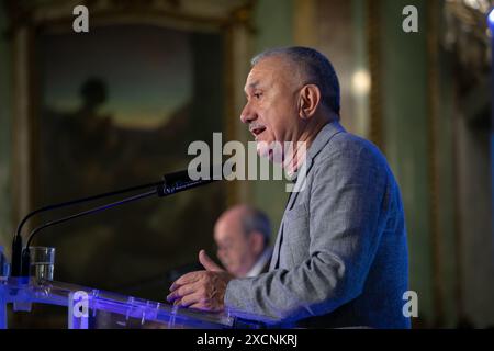 Madrid, Espagne. 17 juin 2024. Pepe Álvarez, secrétaire général du syndicat des travailleurs de l’UGT lors d’un petit déjeuner informatif ce matin à Madrid. Crédit : D. Canales Carvajal/Alamy Live News Banque D'Images