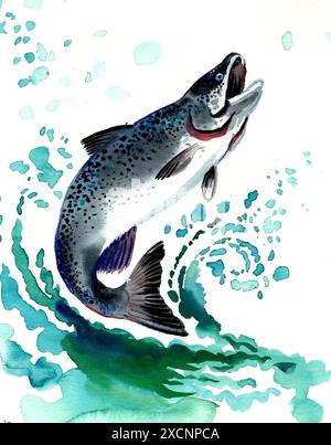 Saumon poisson dans l'eau. Illustration d'aquarelle dessinée à la main Banque D'Images