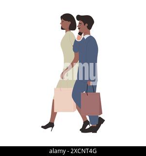 Mari et femme marchant avec des sacs à provisions, homme parlant sur l'illustration vectorielle de téléphone Illustration de Vecteur