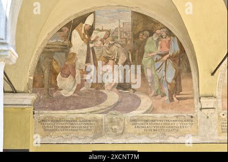 Rome. Italie. Église Sant’Onofrio al Gianicolo du XVe siècle, Piazza di Sant’Onofrio. Fresque dans le portique, l'une des trois scènes représentant le l Banque D'Images