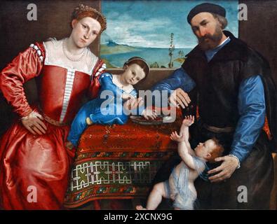 La peinture intitulée 'Portrait de Giovanni della Volta avec sa femme et ses enfants" de Lorenzo Lotto (1480-1557) un peintre, dessinateur et illustrateur. En date du 16e siècle Banque D'Images