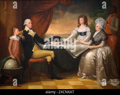 Portrait de George Washington (1732-1799) le 1er président des États-Unis d'Amérique, avec sa famille. Peint par Edward Savage (1761-1817) un peintre et graveur. En date du 18e siècle Banque D'Images